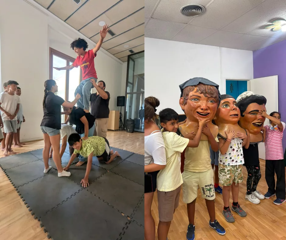 Esquerra: infants fent castells. Dreta: infants provant els capgrossos de Barcelona.