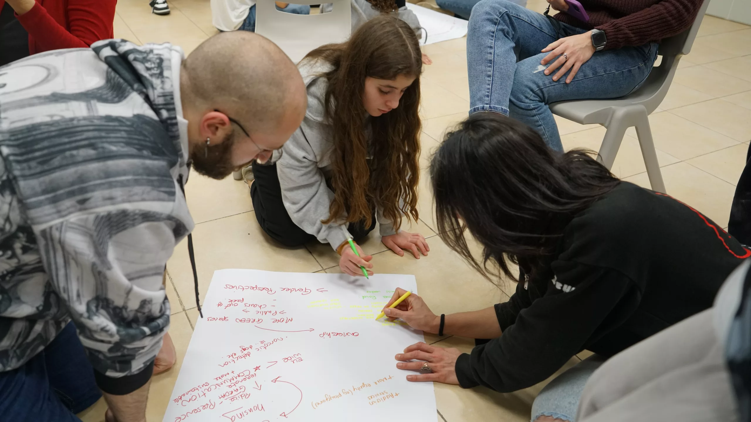 2 noies i un home, agenollats al terra, escriuren amb rotulador de diferents colors en una cartolina blanca.