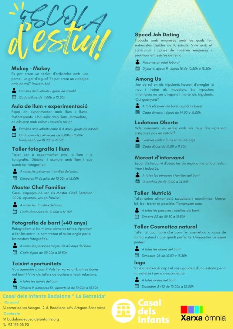 La programació de l'Escola d'Estiu del Casal dels Infants a Llefià consisteix en activitats comunitàries gratuïtes per a infants i famílies.