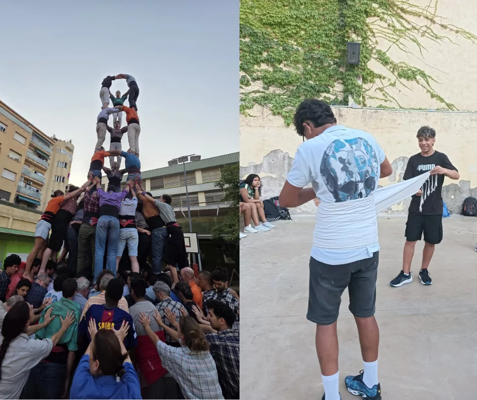 Esquerra: joves del Casal formant part de la pinya d'un castell. Dreta: Dos joves s'enfaixen per un assaig de castellers.